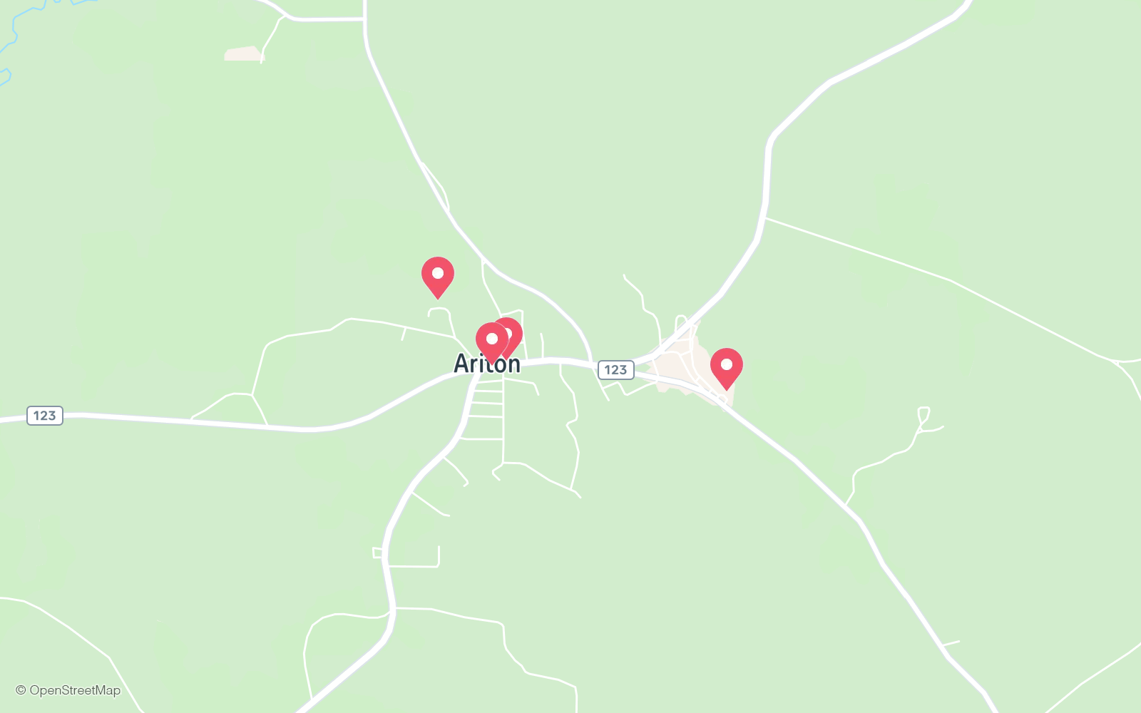 Map of Ariton, Alabama with pins for Town Hall, Ariton School, the Post Office, and Fire and Rescue