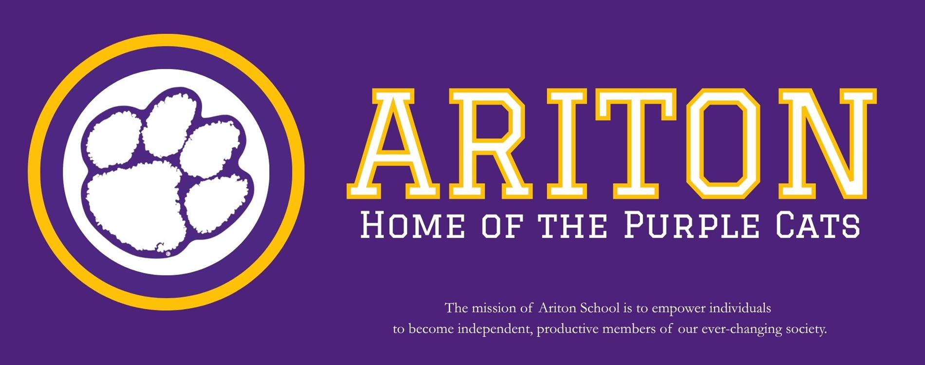 Official Ariton School logo — a white paw print in a purple circle ringed in gold, beside the words “ARITON — Home of the Purple Cats”