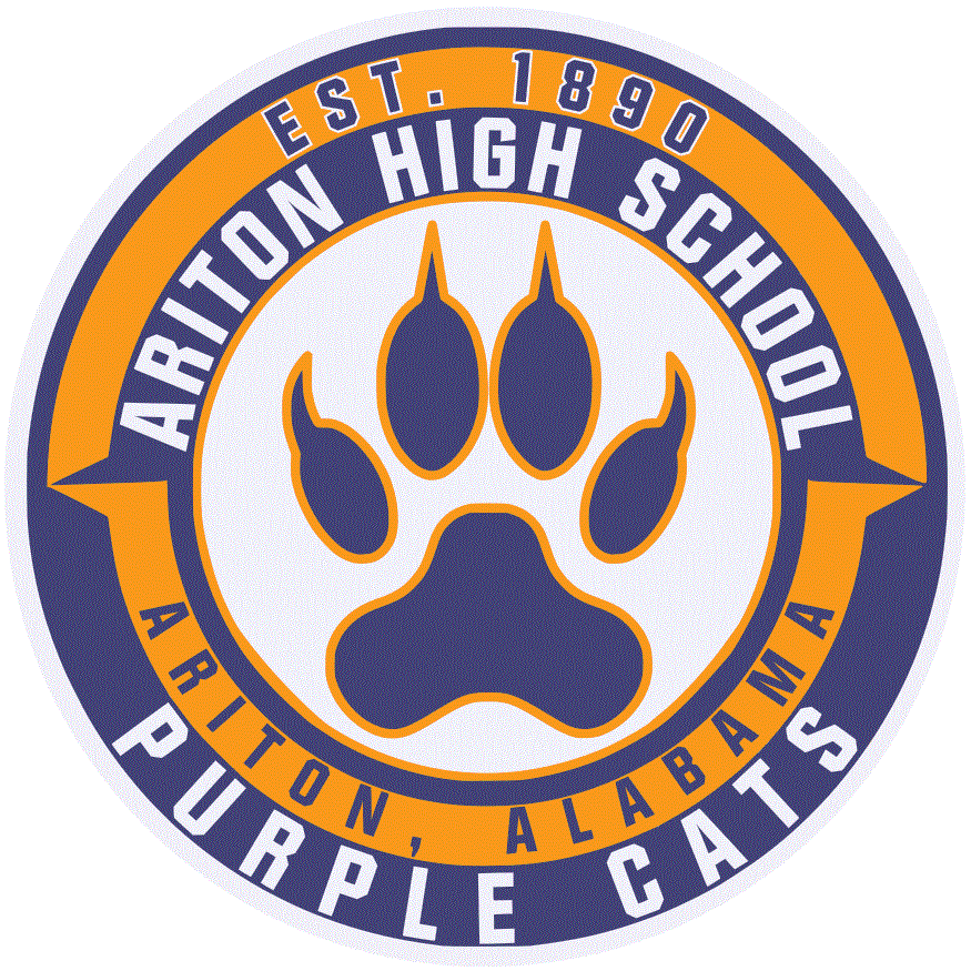 Ariton High School Purple Cats logo — circular seal with a purple paw print and gold outline