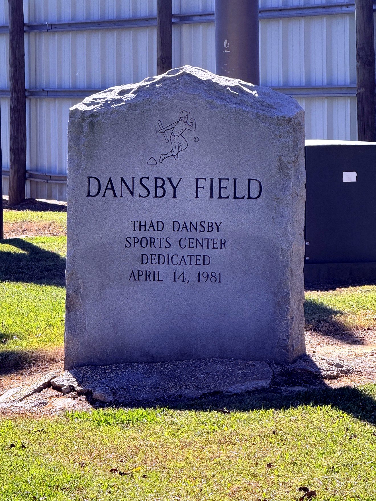 The Dansby Field stone marker — Thad Dansby Sports Center, dedicated April 14, 1981