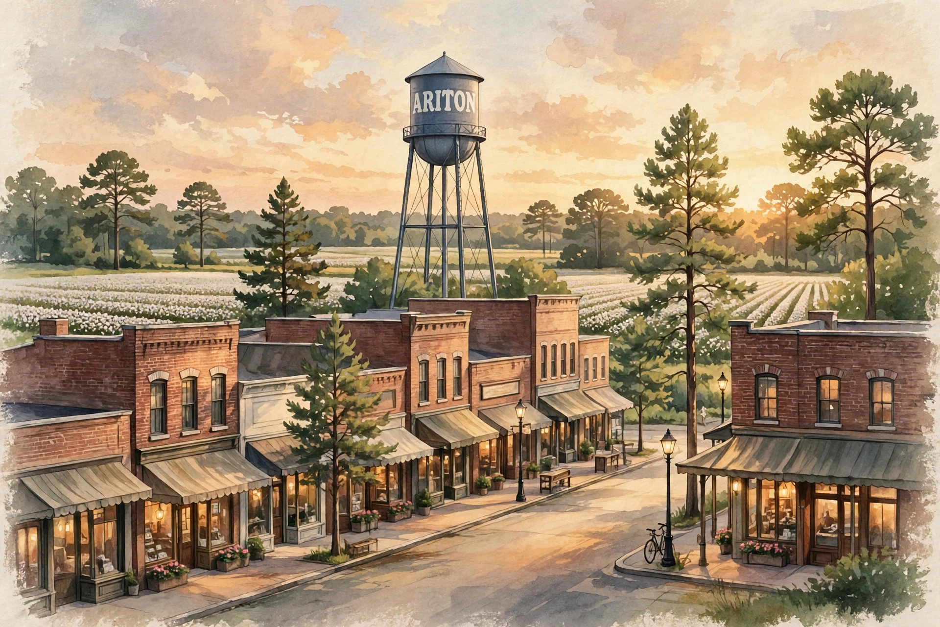 Illustration of the water tower over Main Street in Ariton
