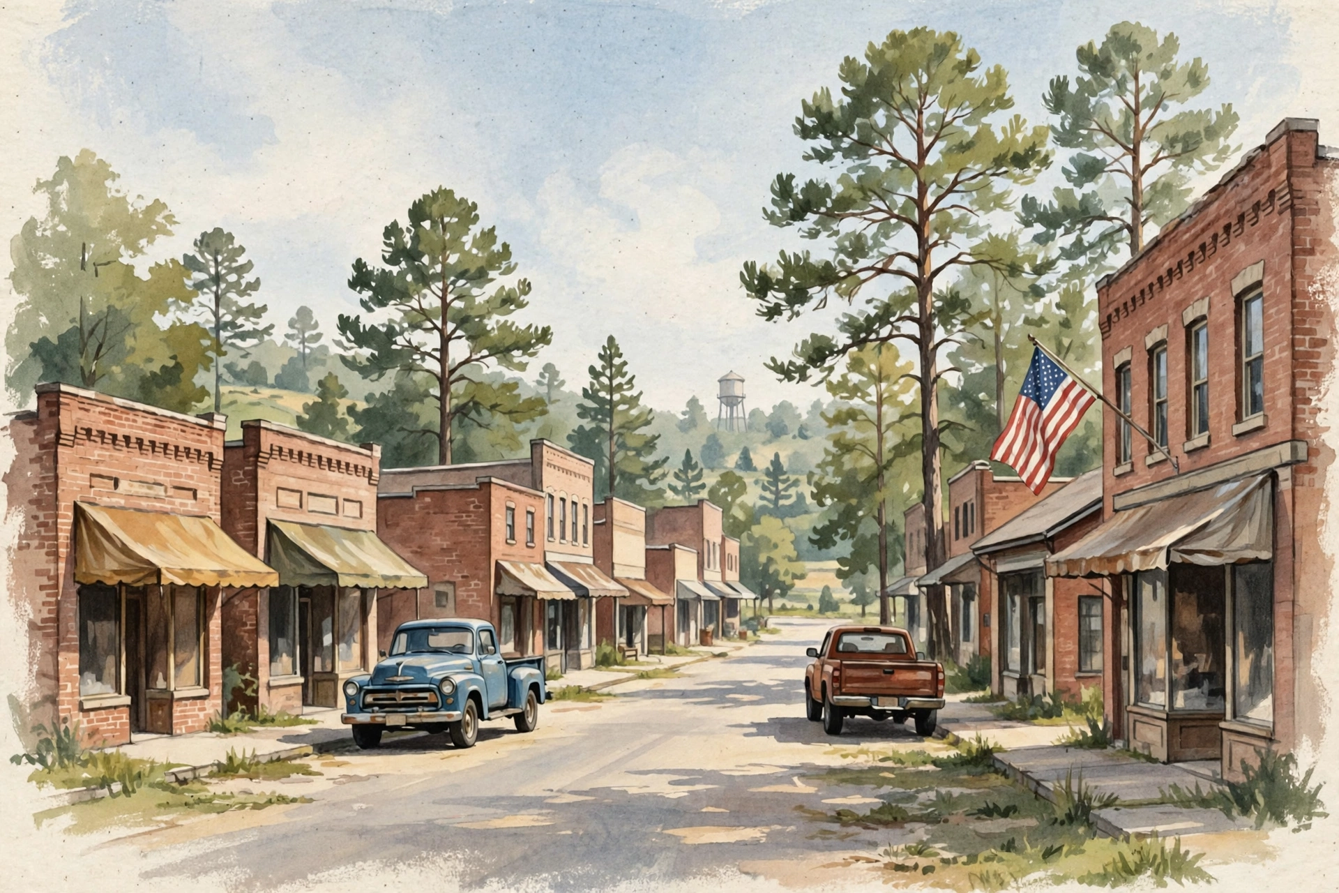 Illustration of a quiet day on Main Street in Ariton, brick storefronts and pines