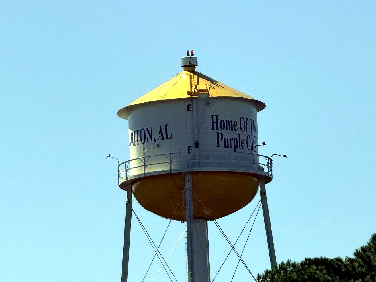 Ariton's water tower, up close — gold roof and “Home Of The Purple Cats” lettering